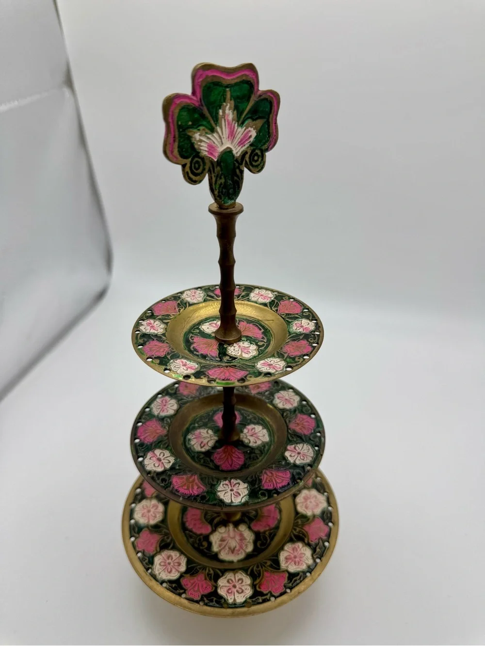 Vintage, floral-patterned brass and enamel 3-tier tray stand